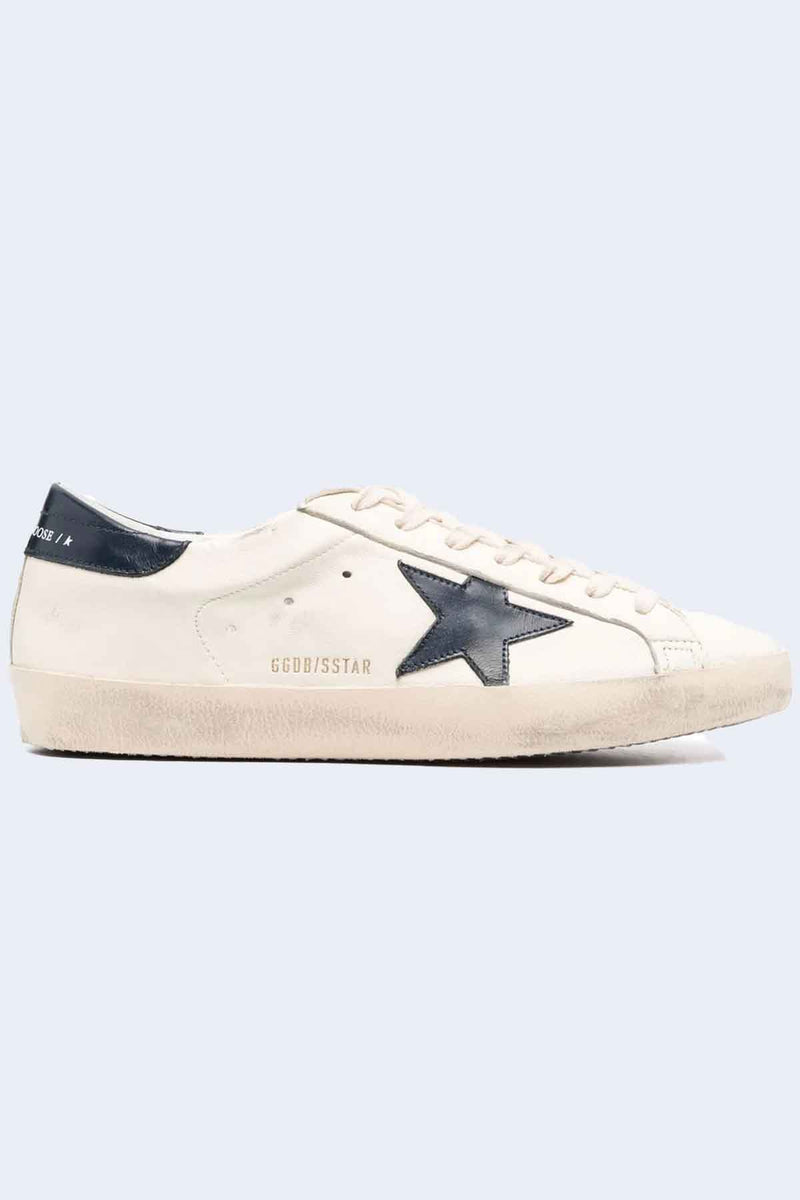 Men's Super-Star Nappa Upper Shiny Leather Star and Heel Sneaker in Beige Night Blue