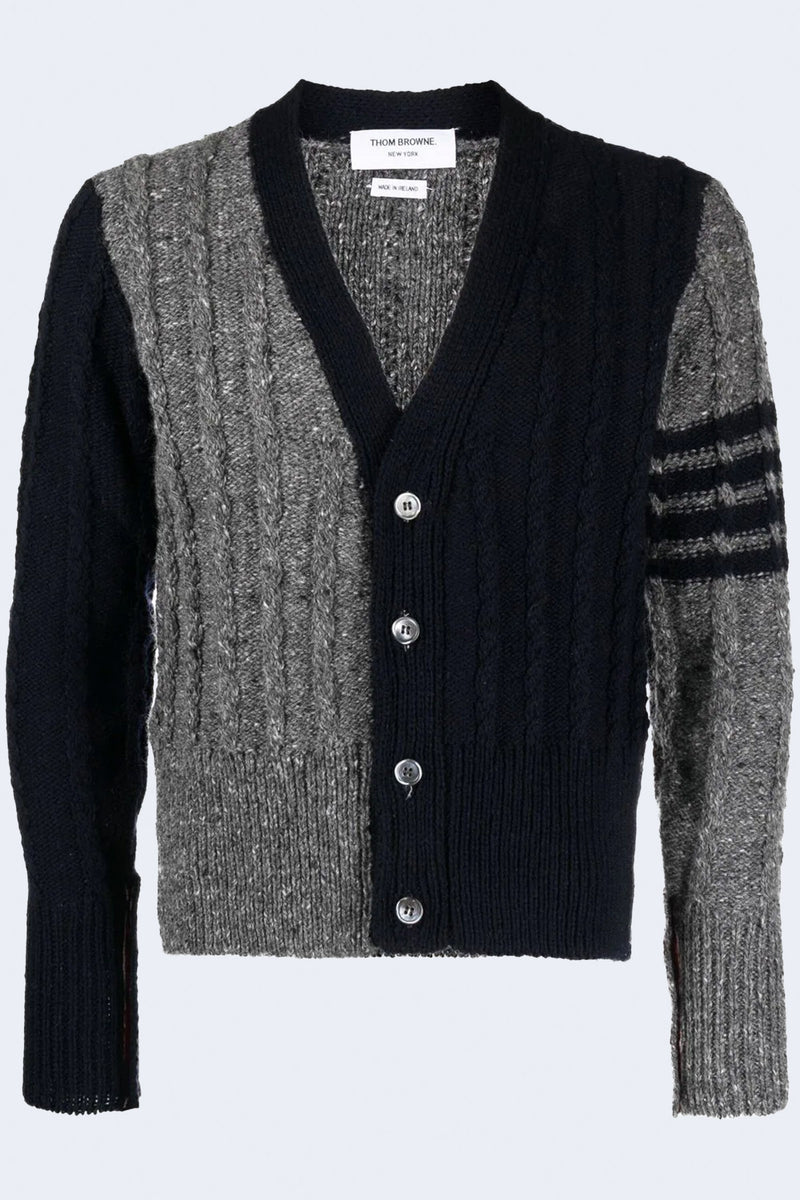 Fun Mix Bicolor Twist Cable Classic V Neck Cardigan In Donegal W/ 4 Bar Stripe in Med Grey