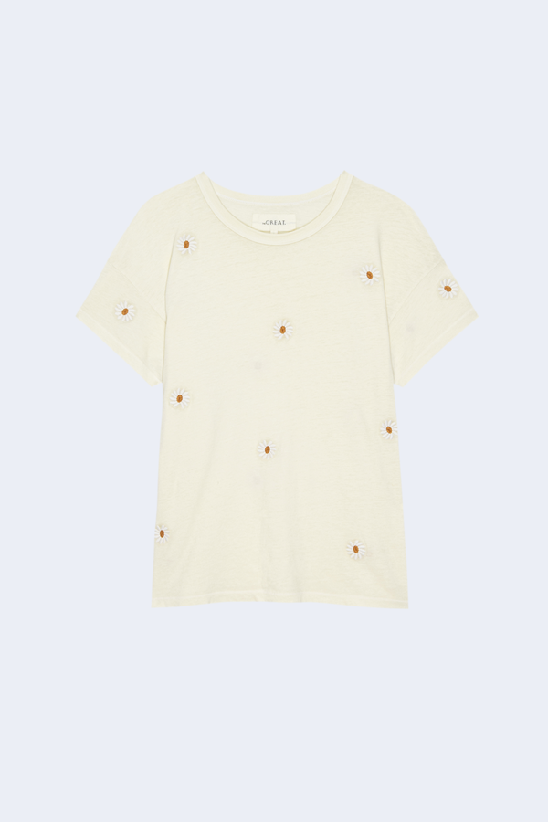 The Boxy Crew W/ Daisy Embroidery in Washed White