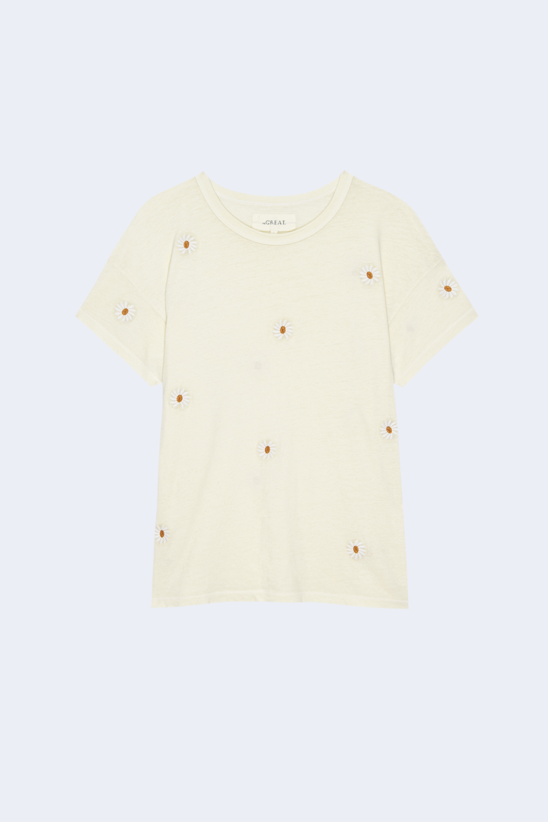 The Boxy Crew W/ Daisy Embroidery in Washed White