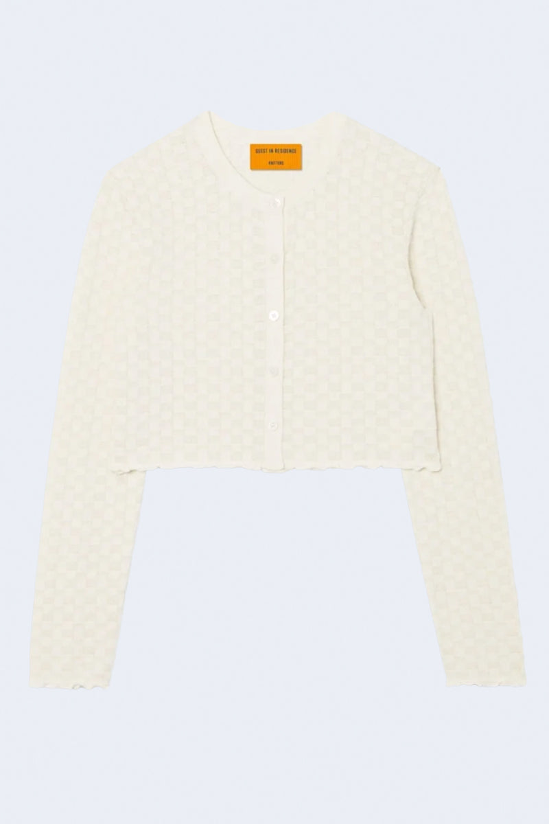 Checker Shrunken Cotton Silk Cardigan in Cream