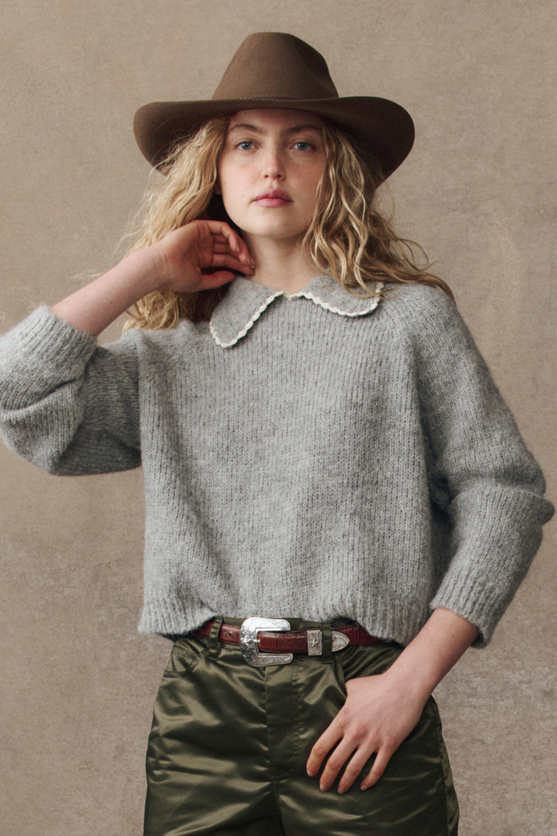 The Crochet Collar Pullover in Heather Grey
