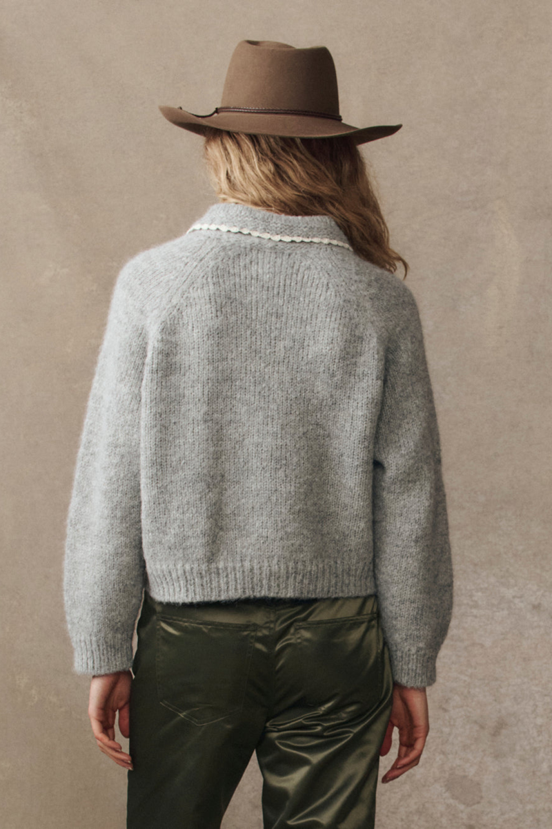 The Crochet Collar Pullover in Heather Grey
