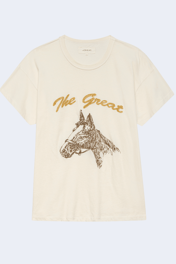 The Boxy Crew W/ Horse Embroidery in Washed White