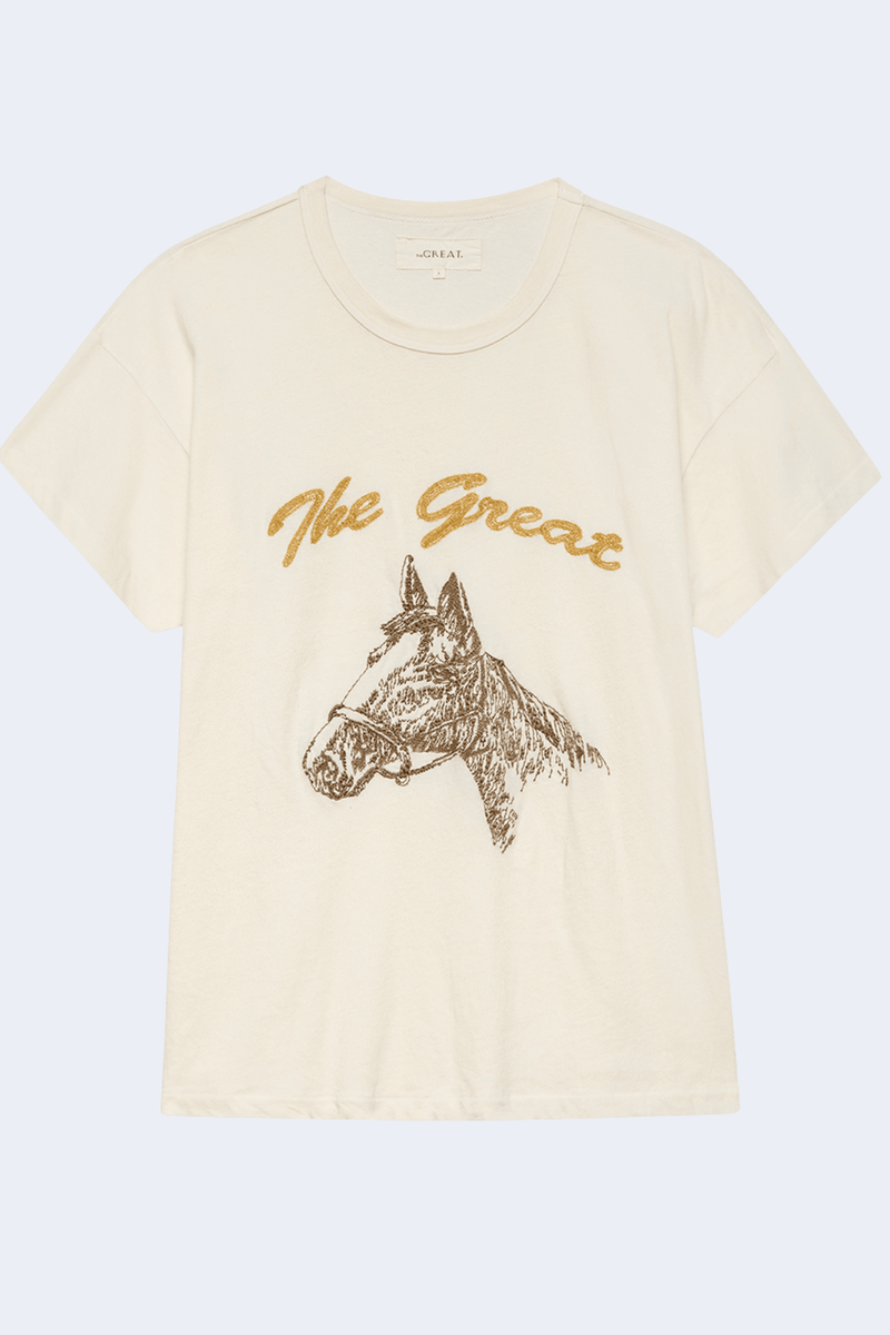 The Boxy Crew W/ Horse Embroidery in Washed White