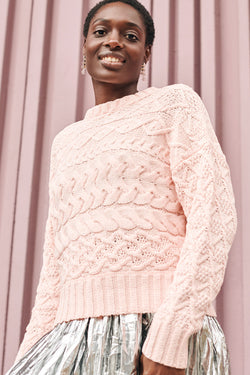 Cable Crewneck Sweater in Light Pink