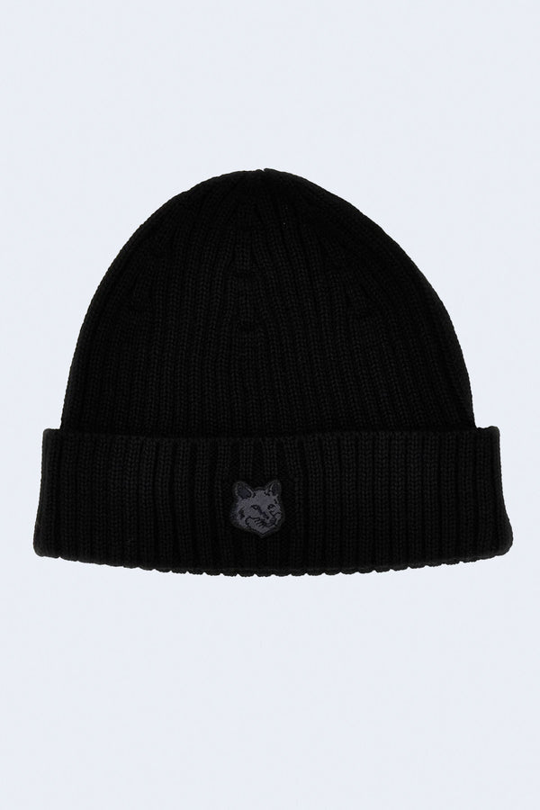 Fox Head Patch Ribbed Beanie in Black