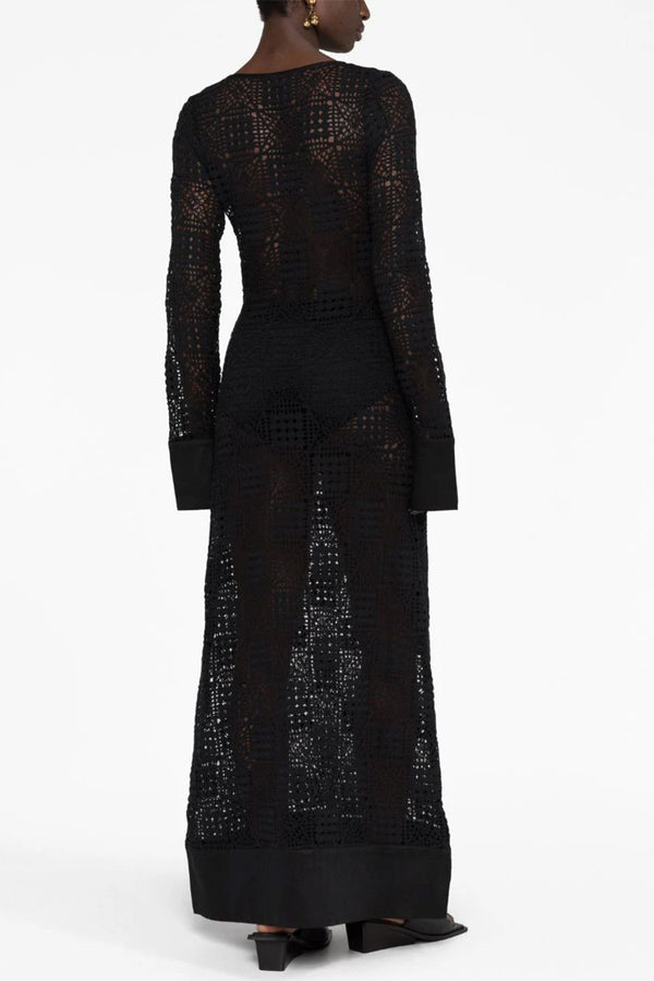 Rayure Long Sleeve Maxi Dress in Black Crochet