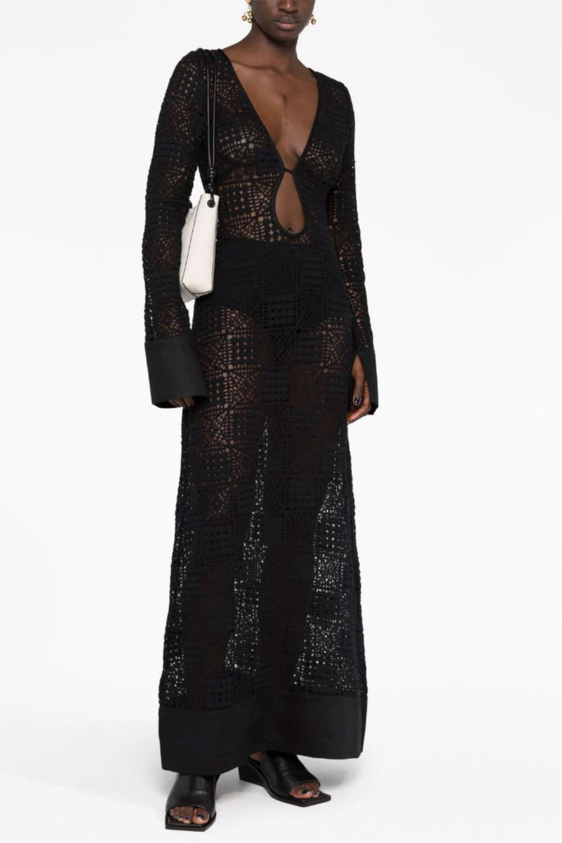 Rayure Long Sleeve Maxi Dress in Black Crochet