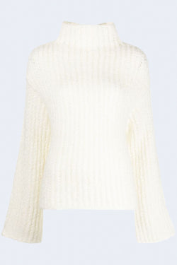Gauzed Wool Mohair Ribbed Oversized Turtleneck in Blanc