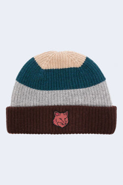 Tonal Fox Head Patch Striped Preppy Beanie