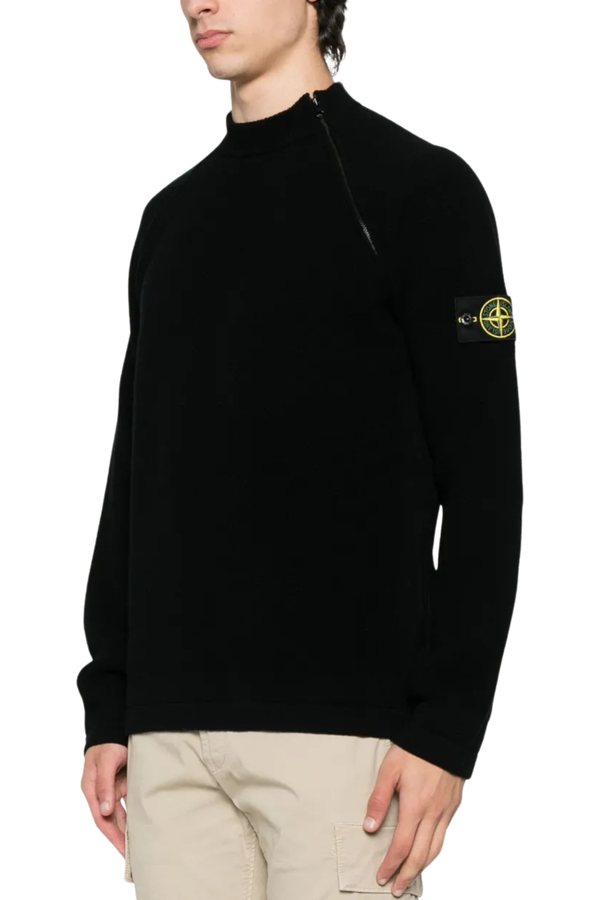 Knit Crewneck Jumper With Diagonal Zip in Black
