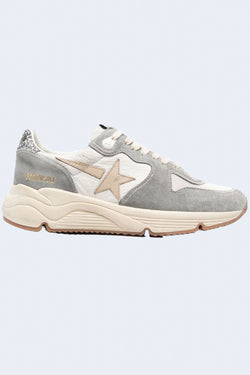 Running Sole Nappa Upper Suede Toe And Spur Net Toe Box Leather Star Glitter Heel Sneakers in Silver White Cream Smoke