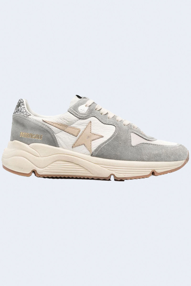 Running Sole Nappa Upper Suede Toe And Spur Net Toe Box Leather Star Glitter Heel Sneakers in Silver White Cream Smoke