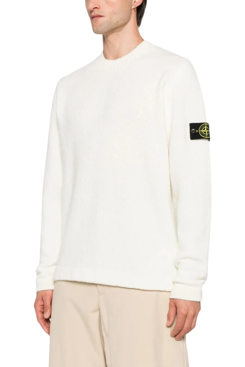 Wool Nylon Blend Knit Crewneck Brushed Jumper in Ivory