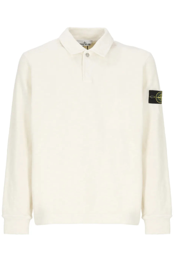 Long Sleeve Brushed Heavy Cotton Polo Jersey Sweatshirt in Ivory