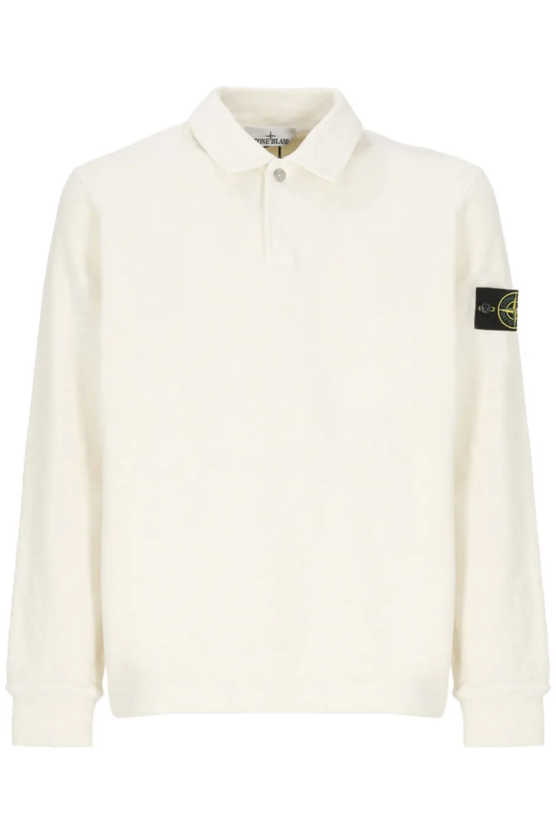 Long Sleeve Brushed Heavy Cotton Polo Jersey Sweatshirt in Ivory
