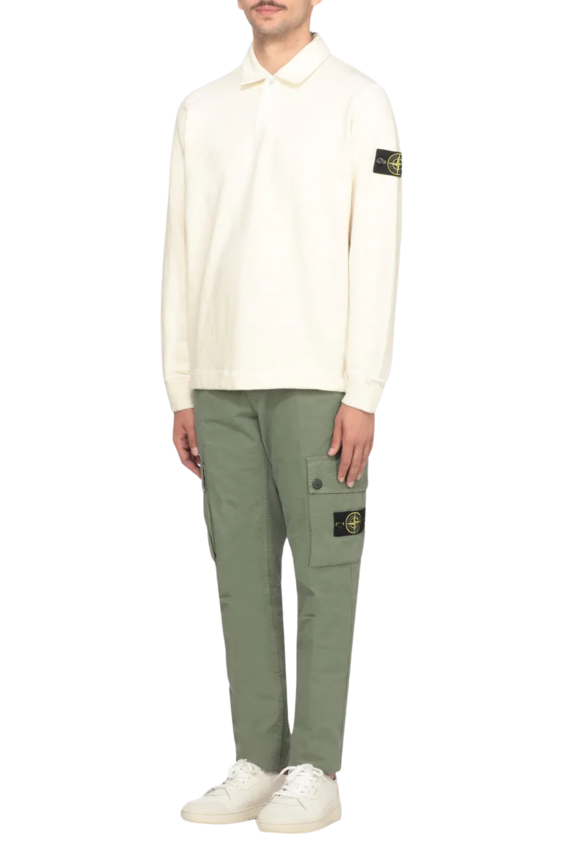 Long Sleeve Brushed Heavy Cotton Polo Jersey Sweatshirt in Ivory