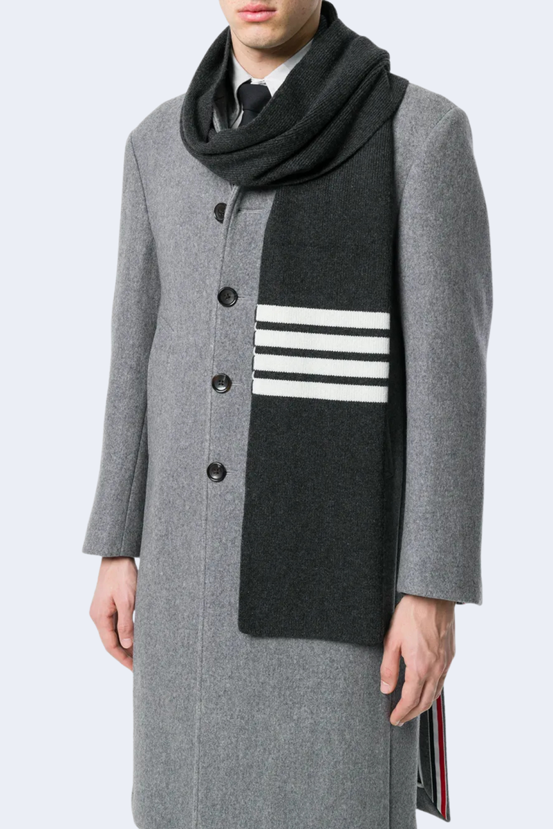 Full Needle Rib Scarf with White 4 Bar Stripe In Cashmere in Dark Grey ...