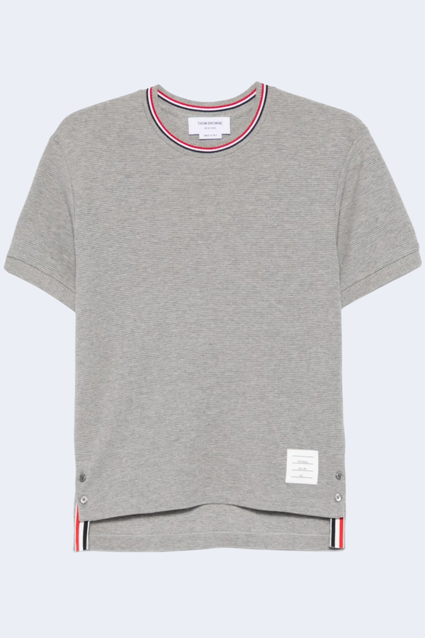 Short Sleeve Rib Cuff Tee W/ Rwb Stripe In Lt Weight Cotton Waffle in Lt Grey