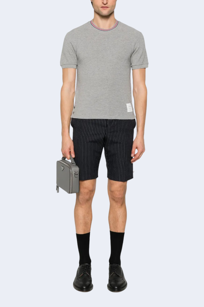 Short Sleeve Rib Cuff Tee W/ Rwb Stripe In Lt Weight Cotton Waffle in Lt Grey