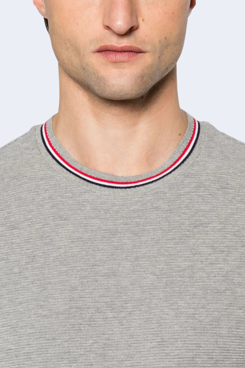 Short Sleeve Rib Cuff Tee W/ Rwb Stripe In Lt Weight Cotton Waffle in Lt Grey