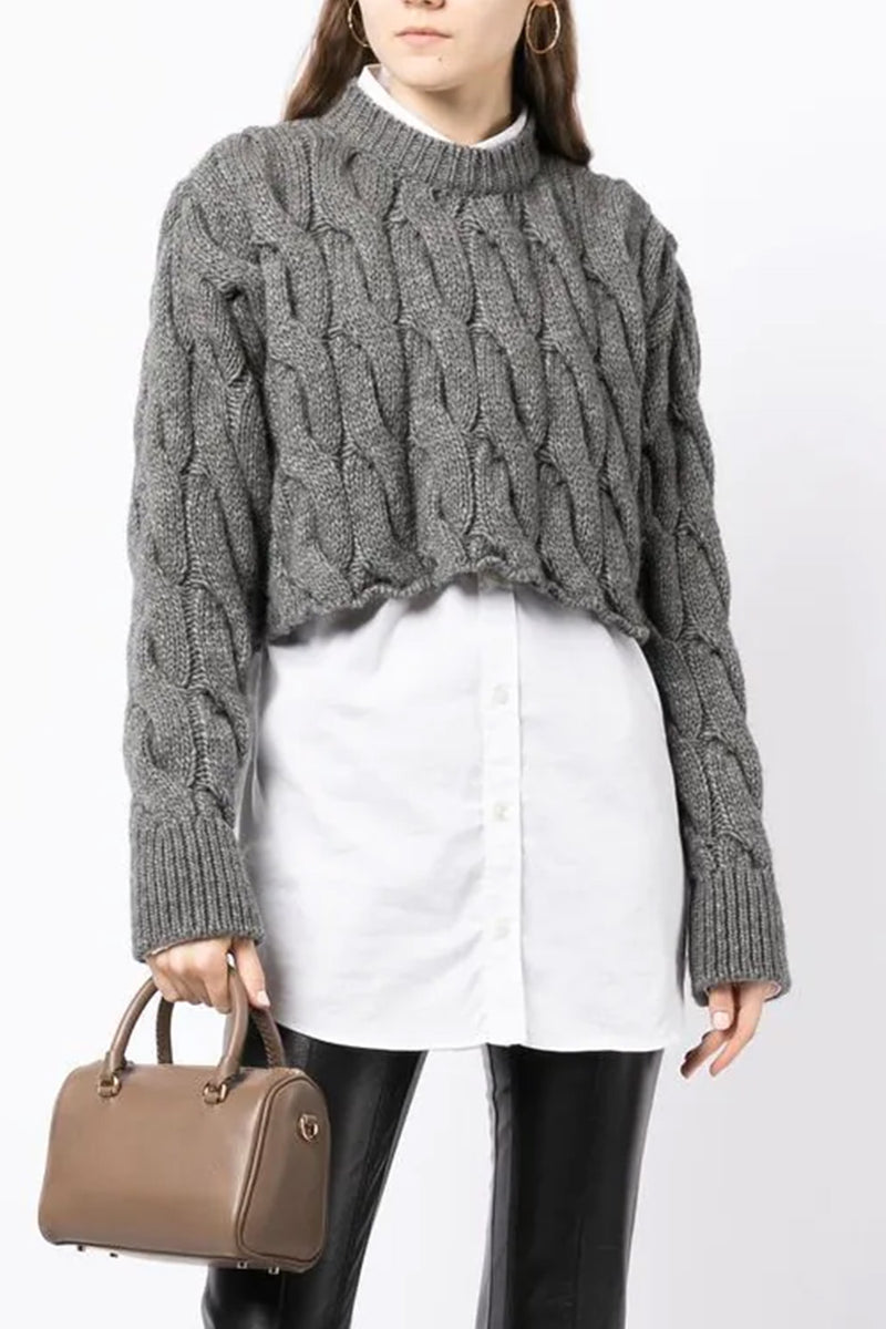 Wool Crew Cable Knit Sweater in Gray