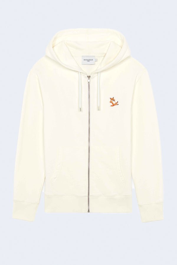 Chillax Fox Patch Zipped Hoodie in Ecru