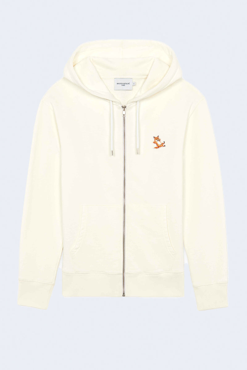 Chillax Fox Patch Zipped Hoodie in Ecru