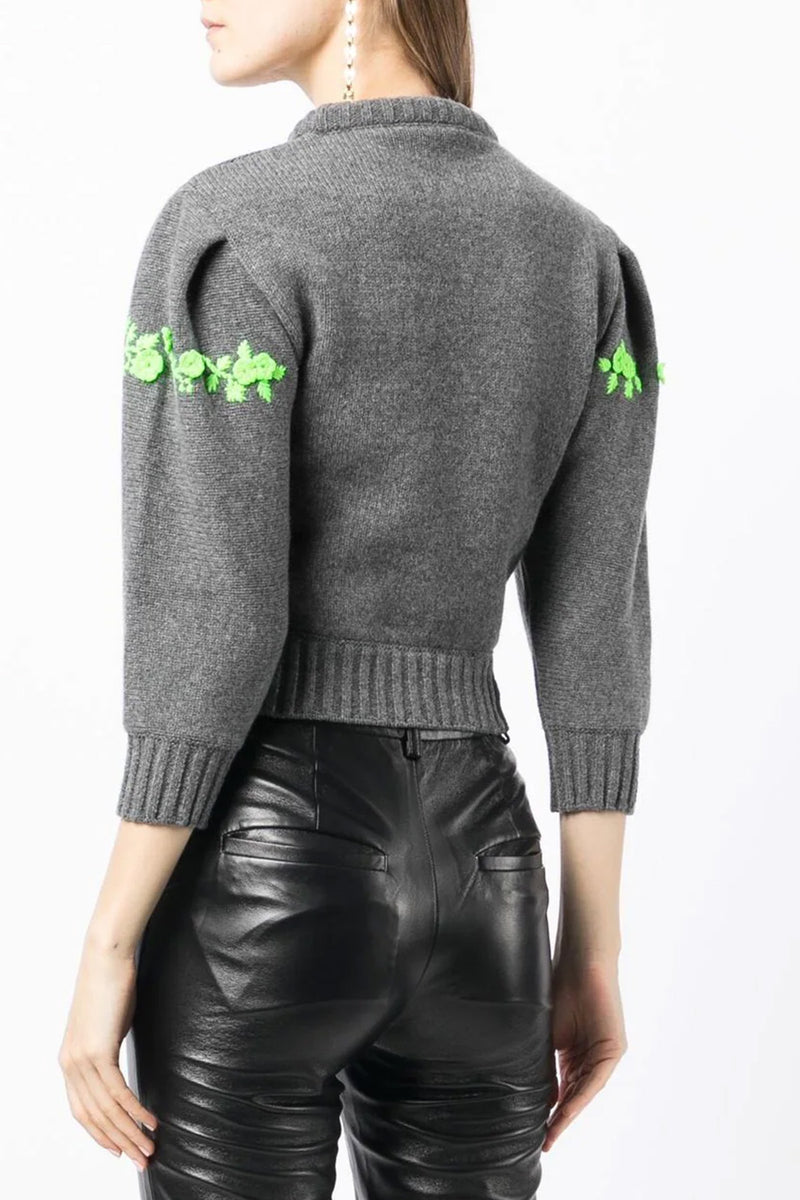 Puff Sleeve Sweater in Fantasy Print Green