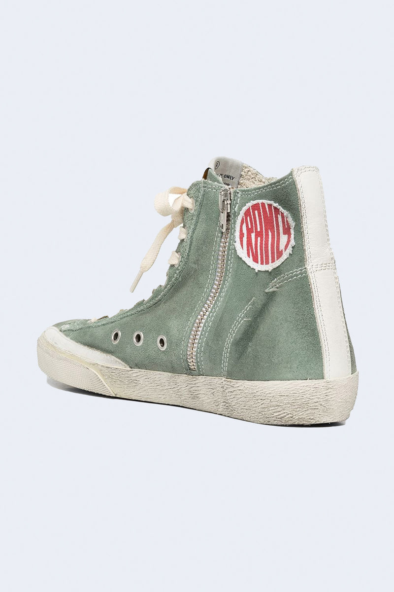 Women's Francy Suede Upper Laminated Star Sneakers in Military Green Silver White