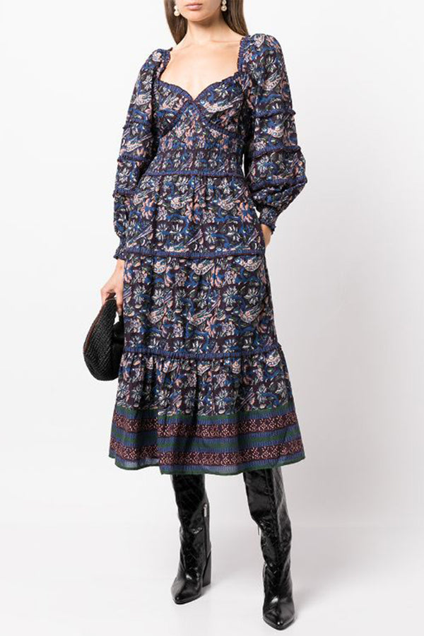 Noah Print Long Sleeve Smocked Dress in Navy