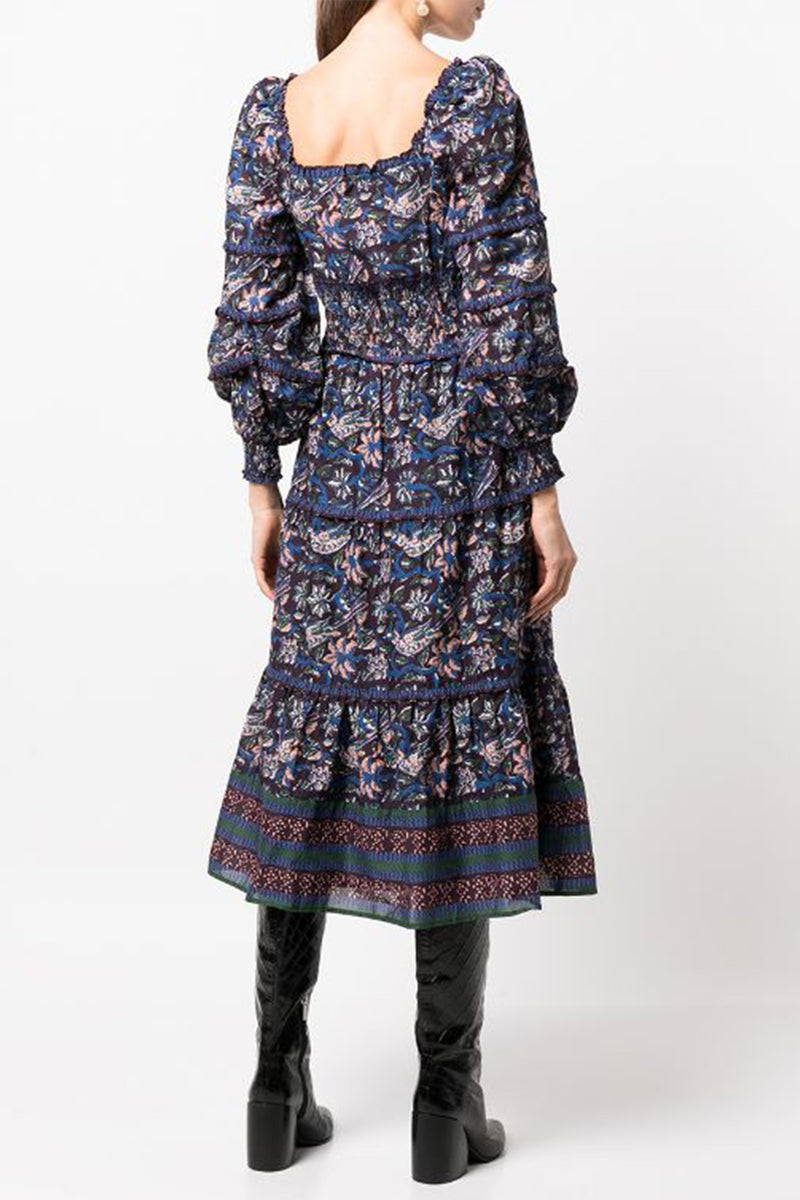 Noah Print Long Sleeve Smocked Dress in Navy