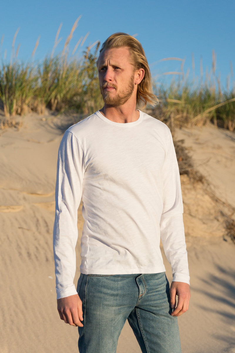 man modeling white Standard Slub Long Sleeve Tee