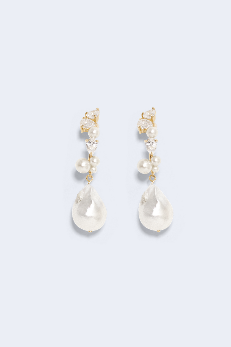 Recycled Silver Fresh Water Pearl Ear Climbers with White Topaz in Pearl/Gold