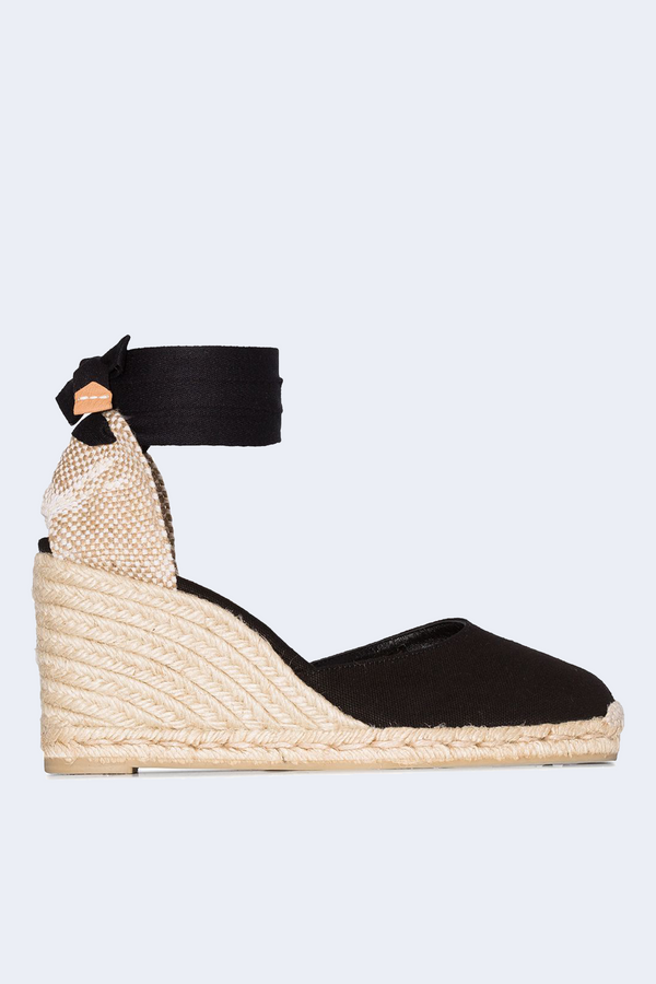 Carina Tie Strap Wedge Heel and Espadrille in Negro