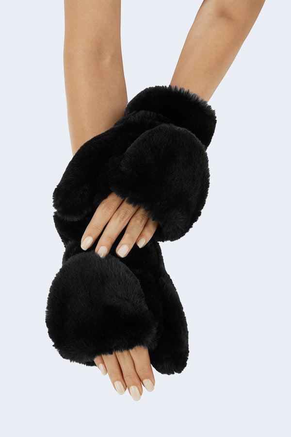 Coco Faux Fur Mittens in Noir
