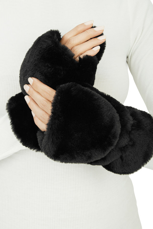 Coco Faux Fur Mittens in Noir