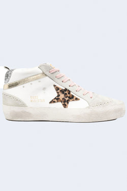 Women's Mid Star Leather Upper Suede Toe And Spur Mini Leo Star Mini Viper Print Wave Glitter Heel in White Beige Brown Leo Ice Platinum Silver
