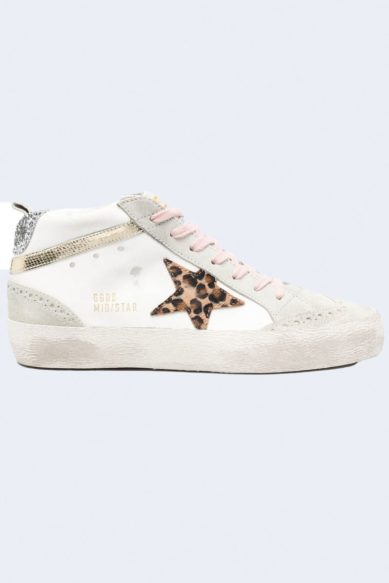 Women's Mid Star Leather Upper Suede Toe And Spur Mini Leo Star Mini Viper Print Wave Glitter Heel in White Beige Brown Leo Ice Platinum Silver