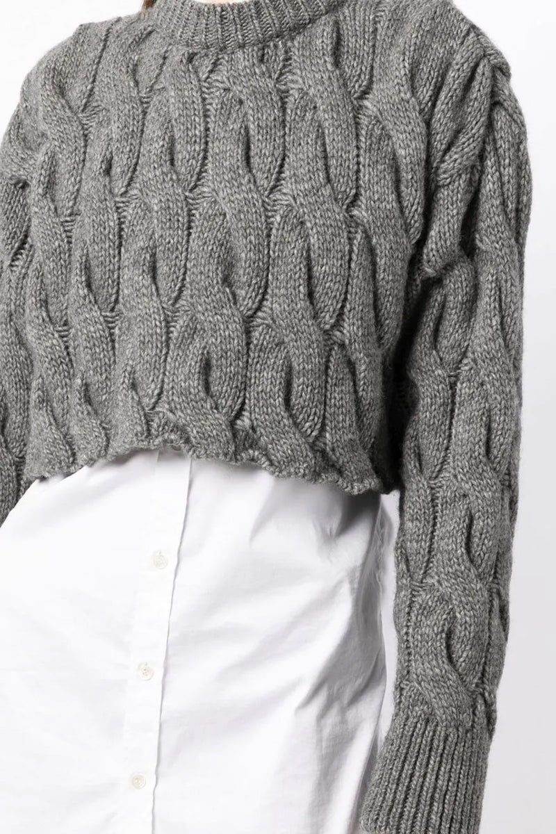 Wool Crew Cable Knit Sweater in Gray