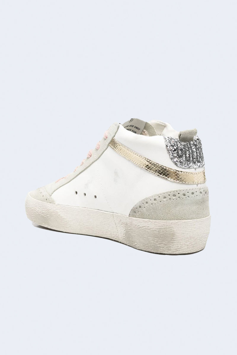 Women's Mid Star Leather Upper Suede Toe And Spur Mini Leo Star Mini Viper Print Wave Glitter Heel in White Beige Brown Leo Ice Platinum Silver