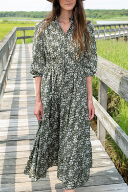 Marie Cotton Printed Floral Dress with Drawstring Waist in Olive Cream