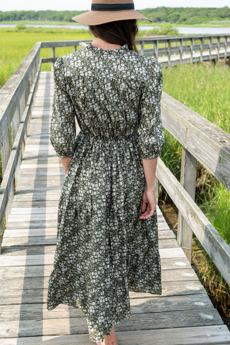 Marie Cotton Printed Floral Dress with Drawstring Waist in Olive Cream