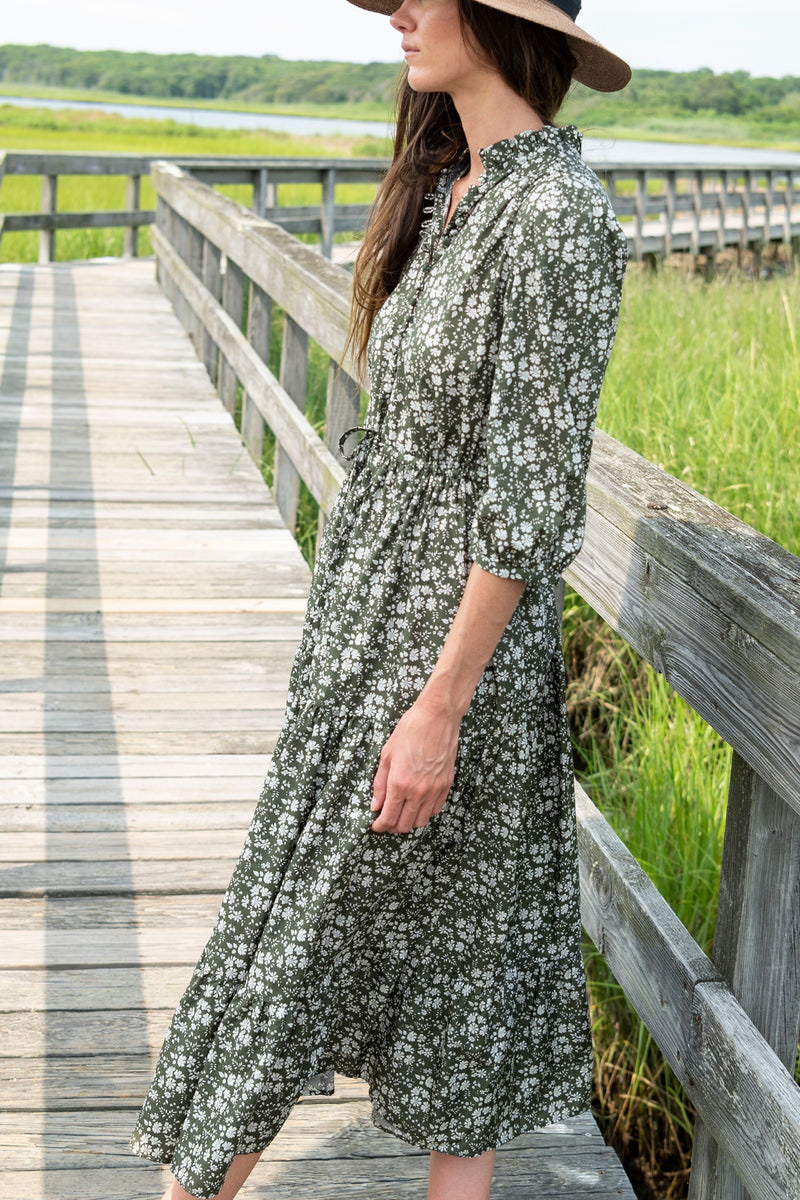 Marie Cotton Printed Floral Dress with Drawstring Waist in Olive Cream
