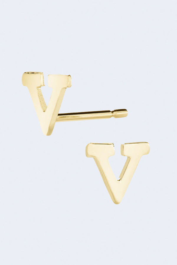 Letter V Initial Stud Single Earring in Yellow Gold
